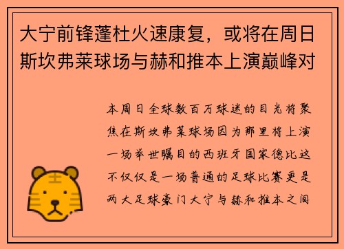 大宁前锋蓬杜火速康复，或将在周日斯坎弗莱球场与赫和推本上演巅峰对决
